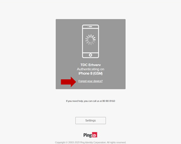 Billedet viser hvor man skal trykke i PingID uden mobil - TDC Erhverv