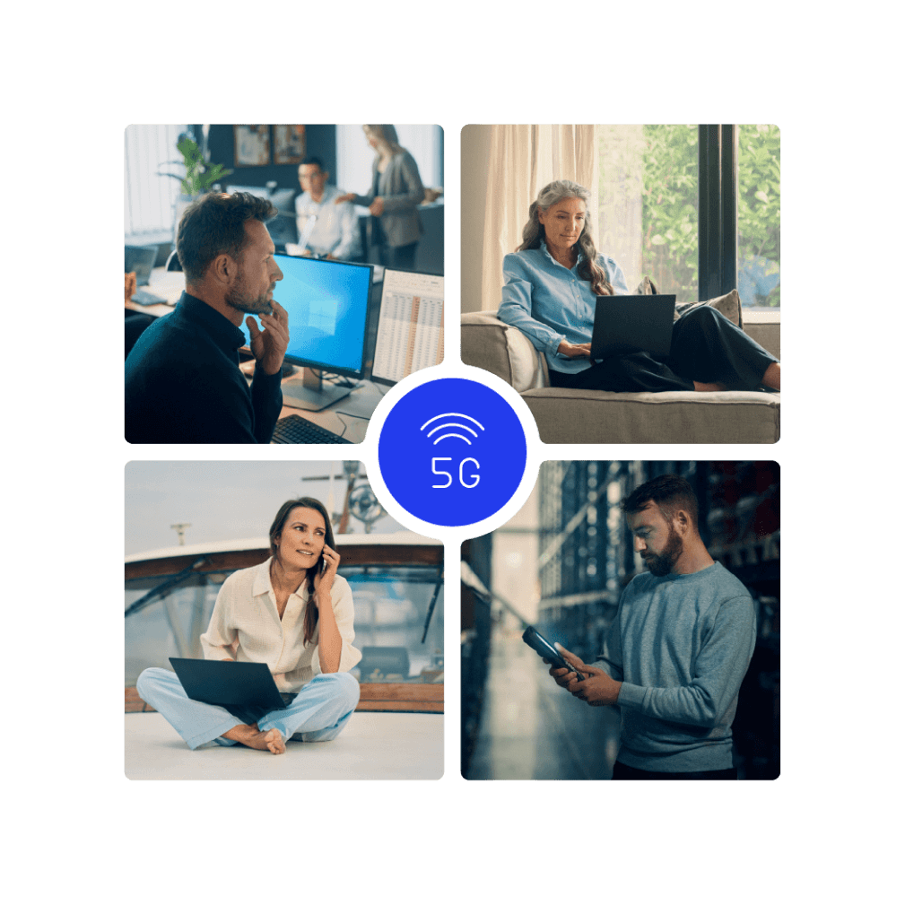 Mennesker som arbejder på 5G Internet rundt om et logo