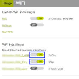 Skærmbillede af WiFi - indstillinger på HGW5 interface