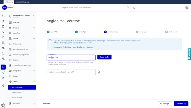 Billedet viser hvor du skal angive e-mail adresse i selvbetjening ved aktivering af Microsoft Azure