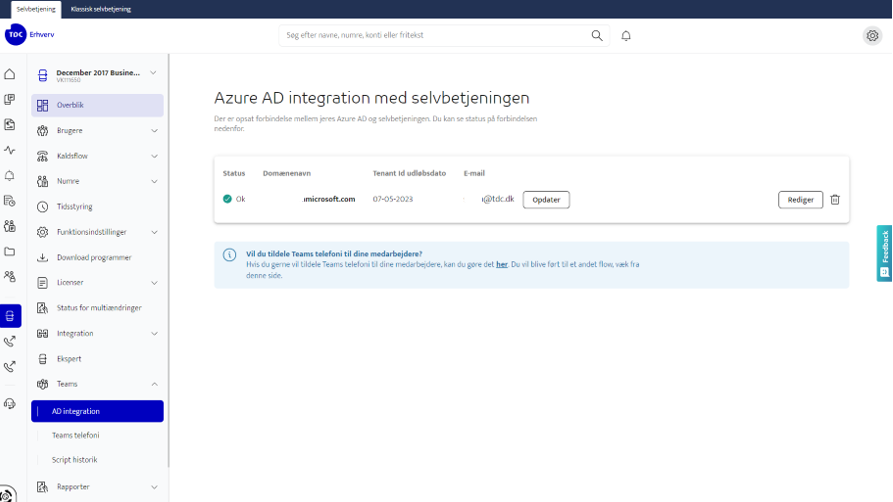 Billedet viser hvor du laver Microsoft Azure AD integration med Selvbetjeningen