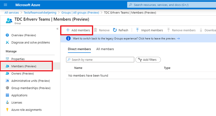 Billedet viser i Microsoft Azure hvordan du tilføjer under Add members