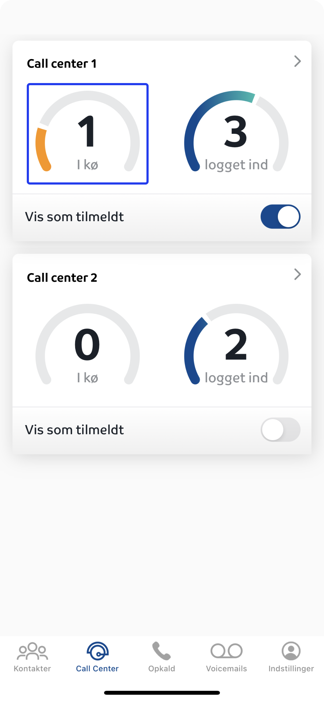 Billedet viser hvor du kan se hvor mange der er i kø til et callcenter via Assist appen