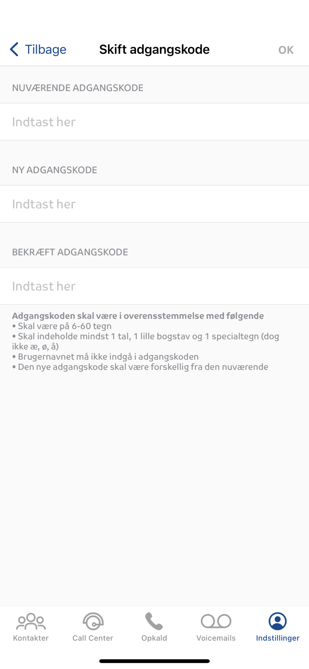 Billedet viser hvor du udfylder information til ny adgangskode til Assist app