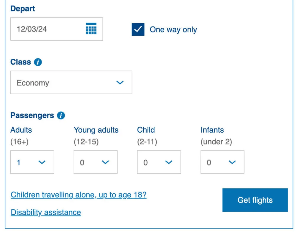 Screenshot of the British Airways flight search form showing departure date, cabin class, and passenger count fields.