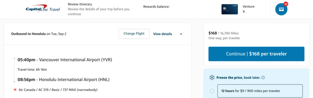 Screenshot of a Capital One Travel itinerary review for an Air Canada flight from Vancouver to Honolulu, priced at $168 or 16,780 miles.