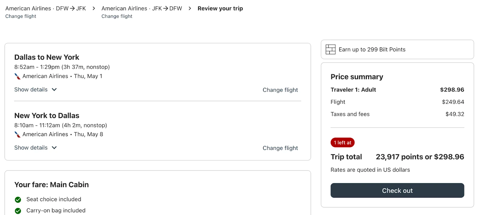 Screenshot of an American Airlines trip review for a Dallas to New York roundtrip, showing a $298.96 price summary and 299 Bilt Points earned