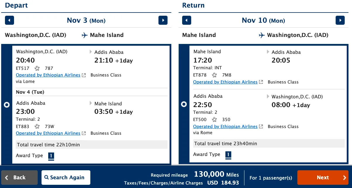 Screenshot of an ANA Mileage Club award booking for an Ethiopian Airlines business class round trip between Washington, D.C. and Mahé Island via Addis Ababa for 130,000 miles.