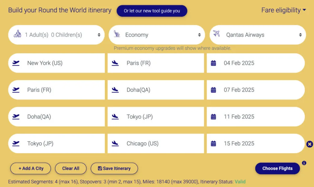 Screenshot of a Qantas Round the World itinerary builder showing a multi-city Economy routing from New York to Paris, Doha, Tokyo, and Chicago.