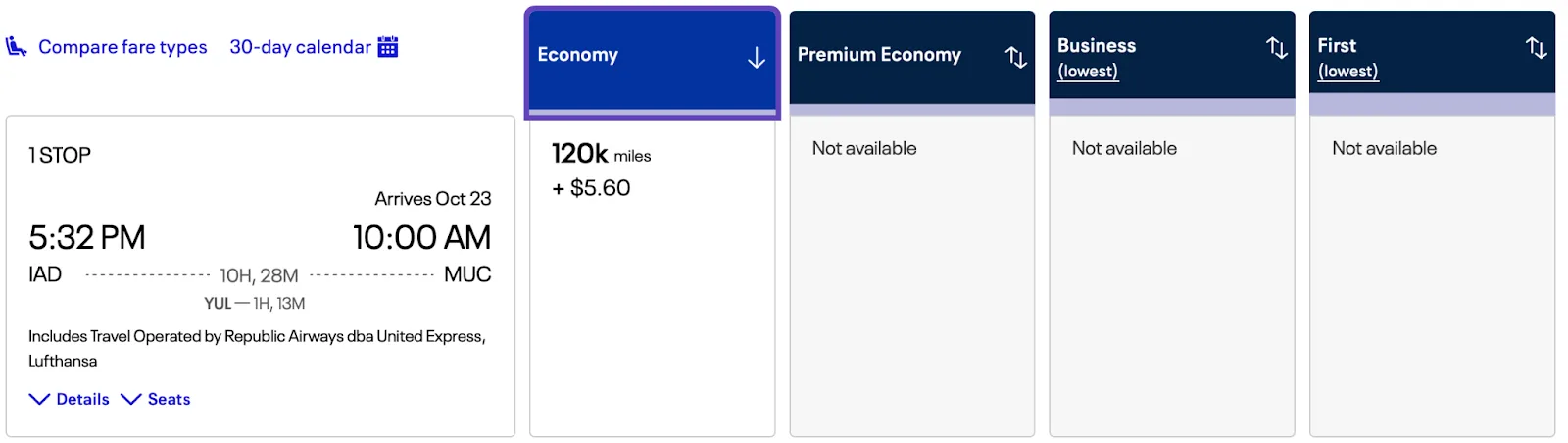 Screenshot of a United award search for a one-stop Washington Dulles to Munich flight via Montreal, priced at 120,000 miles in economy.