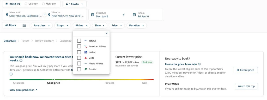 Capital One Travel flight search filters for a San Francisco to New York trip, showing airline checkboxes and a price prediction graph