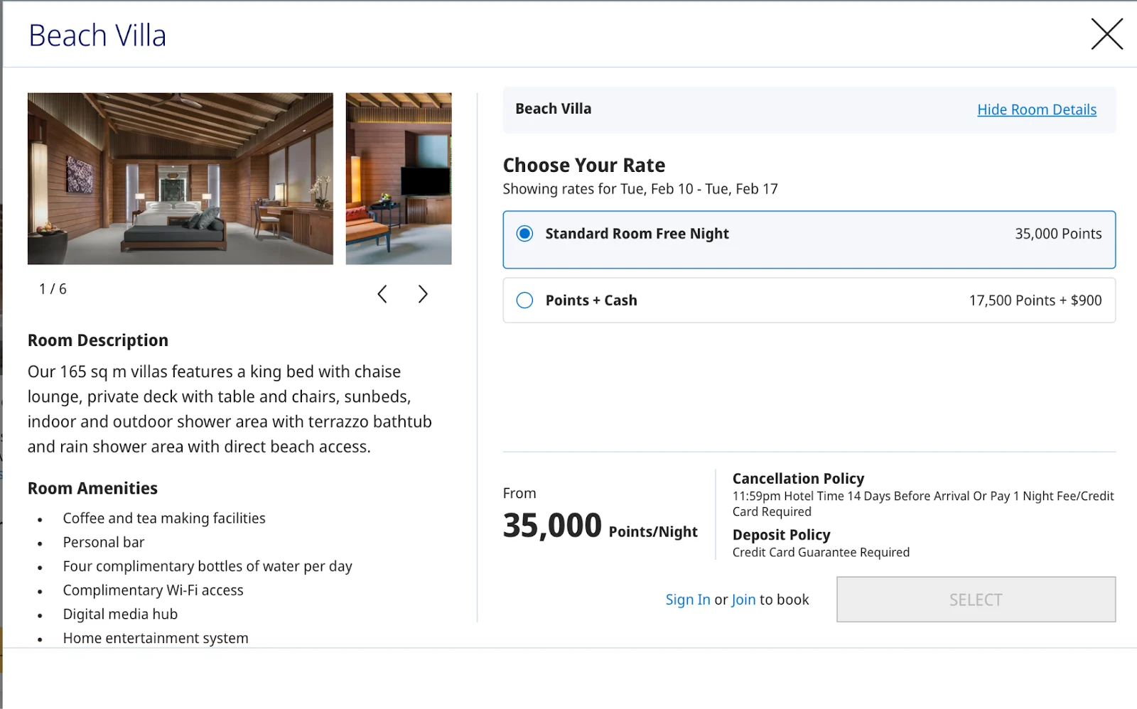 Screenshot of a World of Hyatt Beach Villa room listing priced at 35,000 points per night or 17,500 points plus $900
