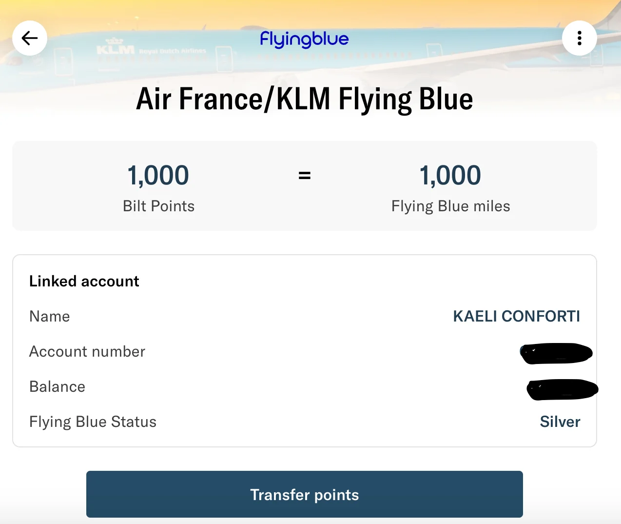 Bilt app screen for linking an Air France/KLM Flying Blue account, showing 1,000 Bilt Points equal to 1,000 Flying Blue miles and Silver elite status