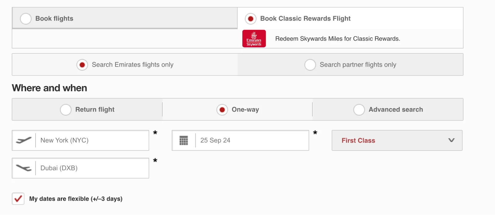Screenshot of the Emirates.com booking form set to redeem Skywards Miles for a New York to Dubai First Class flight
