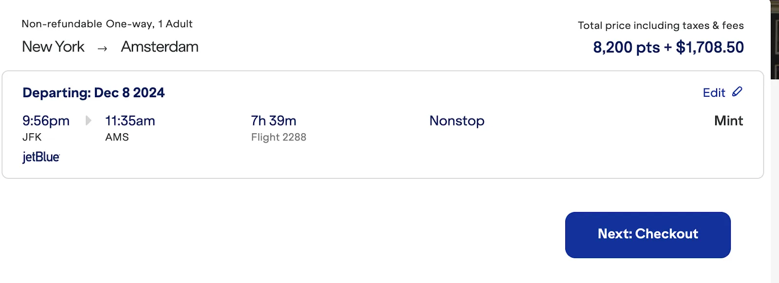 JetBlue booking summary showing a JFK to Amsterdam Mint flight priced at 8,200 points plus $1,708.50