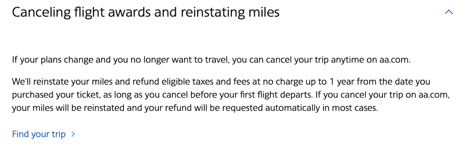 Screenshot of an American Airlines help page explaining how canceling an award ticket reinstates miles and refunds eligible taxes and fees.