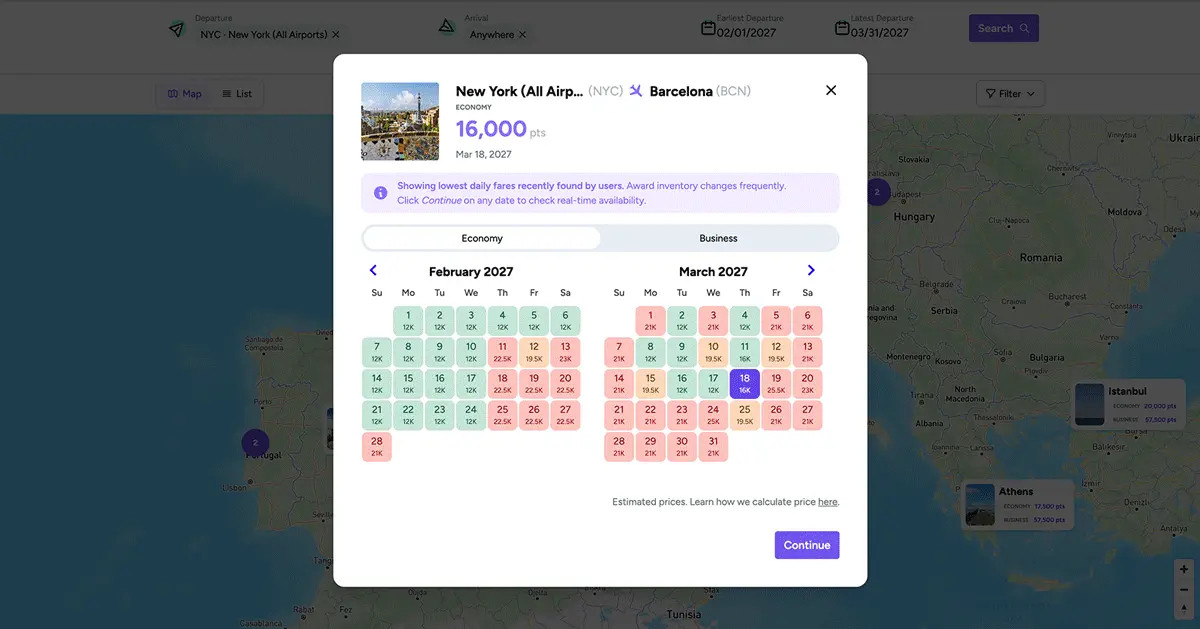 This animation shows a point.me member clicking further within the destination modal to arrive at a specific flight search results page that coincides with their interactive map filters and explore experience.