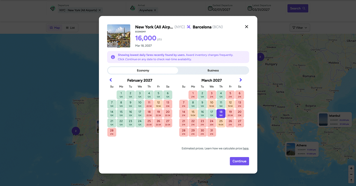 This animation shows a point.me member clicking further within the destination modal to arrive at a specific flight search results page that coincides with their interactive map filters and explore experience.