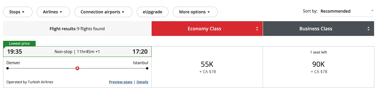 Screenshot of a Turkish Airlines award search from Denver to Istanbul showing economy priced at 55,000 points and business at 90,000 points