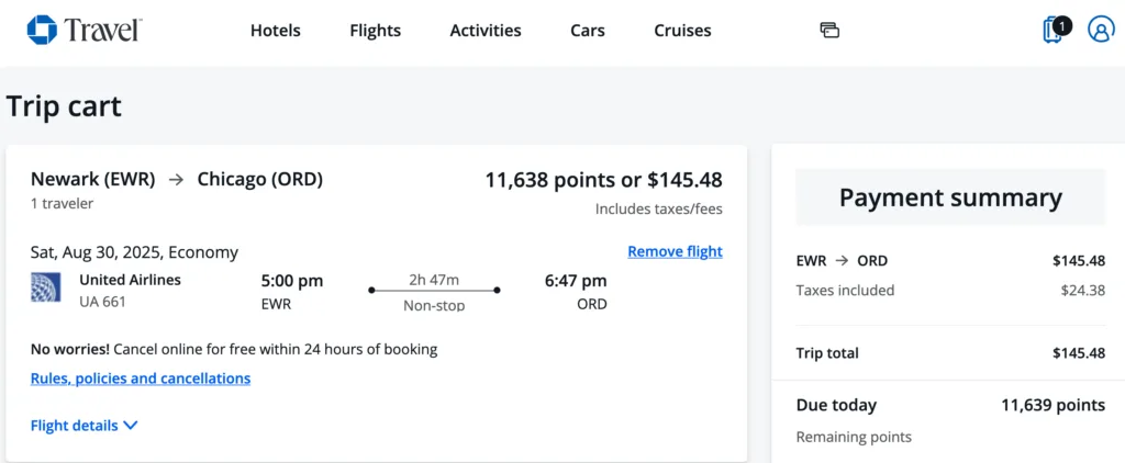 Screenshot of the Chase Travel portal trip cart for a Newark to Chicago United Airlines flight, priced at 11,638 points or $145.48.
