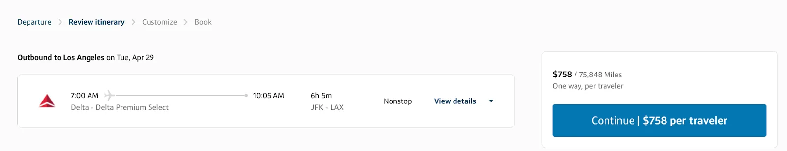 Screenshot of a Delta booking itinerary for a Delta Premium Select flight from JFK to Los Angeles priced at $758 or 75,848 miles