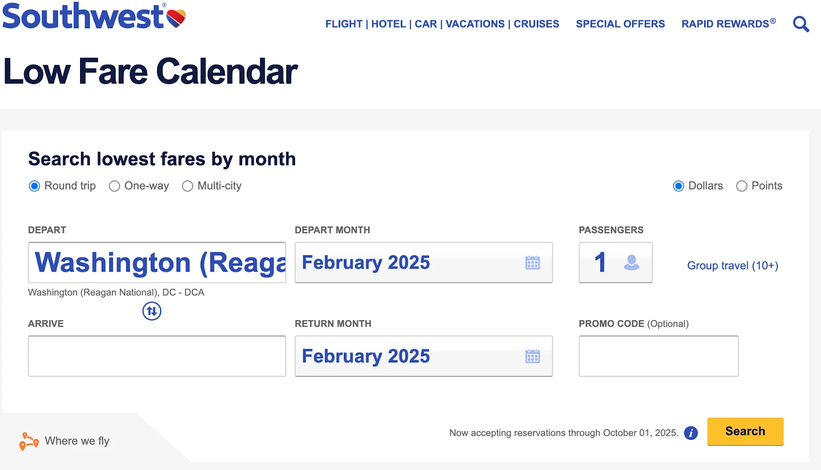 Screenshot of Southwest Airlines' Low Fare Calendar search tool for a round-trip flight from Washington Reagan National