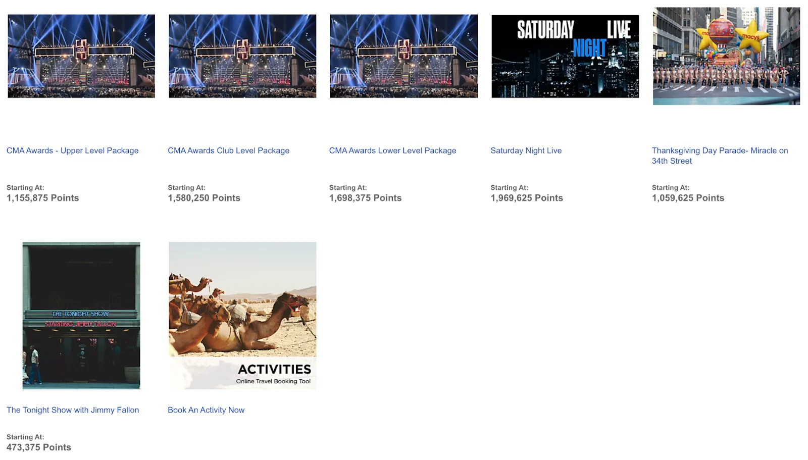 Screenshot of Southwest Rapid Rewards experience redemptions, including CMA Awards packages, Saturday Night Live, and the Macy's Thanksgiving Day Parade, priced over a million points each.