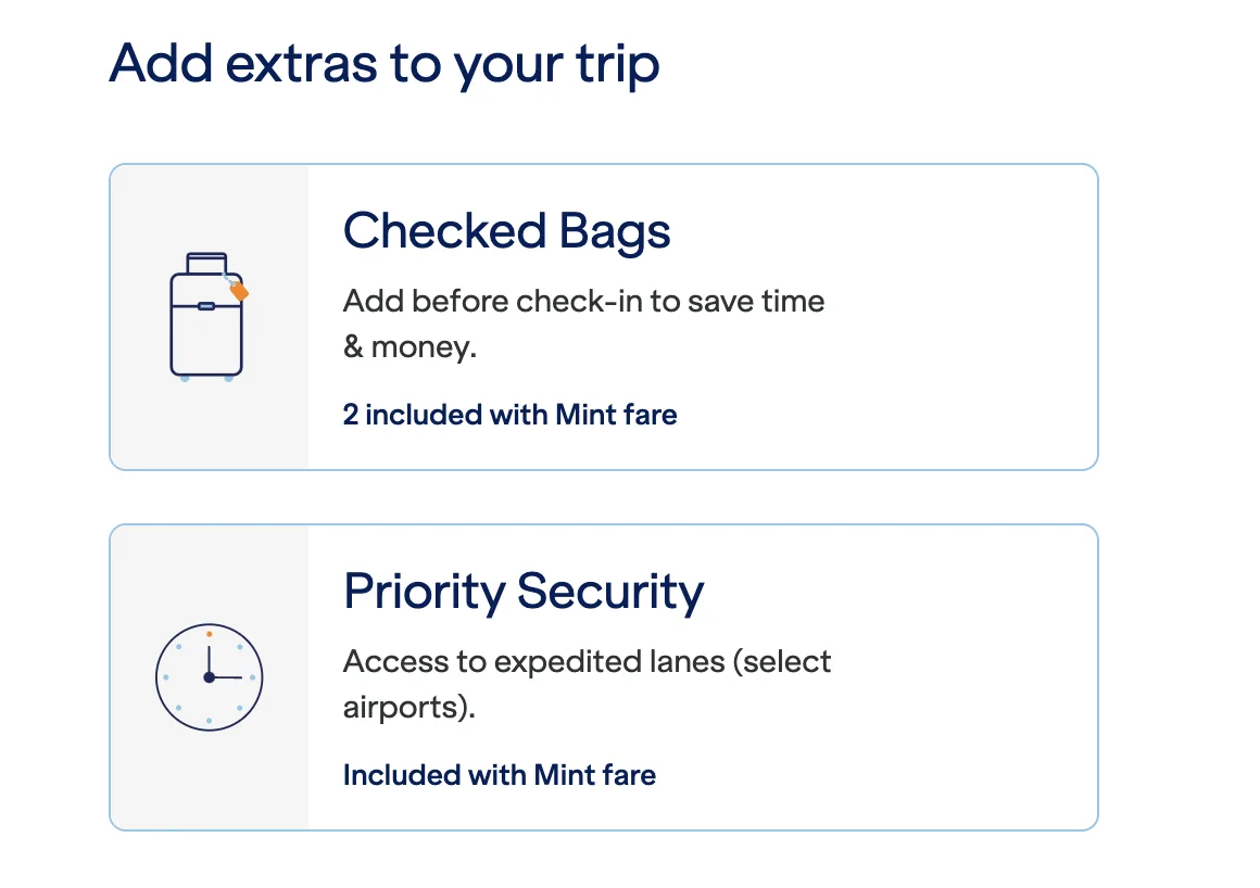 JetBlue trip extras page showing Checked Bags and Priority Security benefits included with a Mint fare