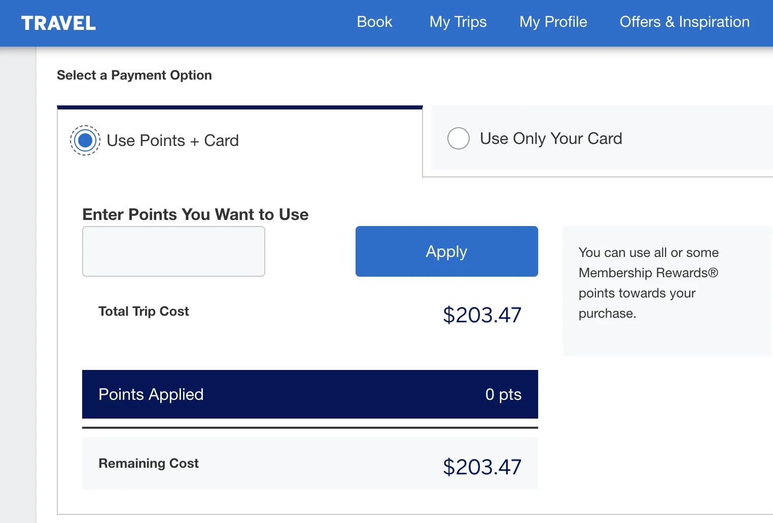 Amex Travel payment screen showing the option to pay with a combination of Membership Rewards points and a card
