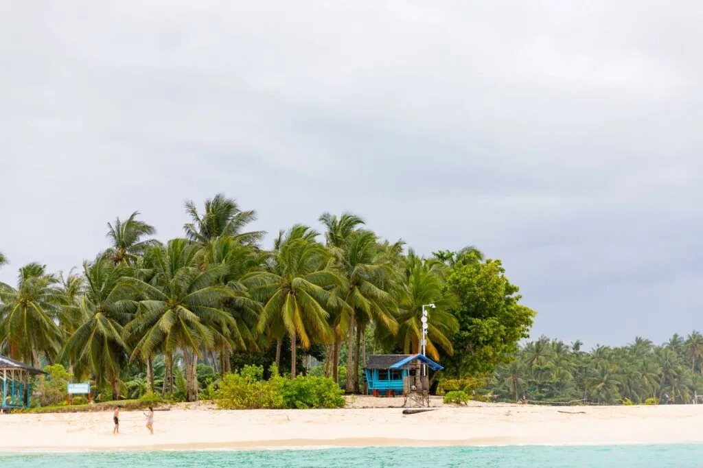 A tropical beach lined with palm trees and a small blue hut, with two people walking along the white sand shoreline