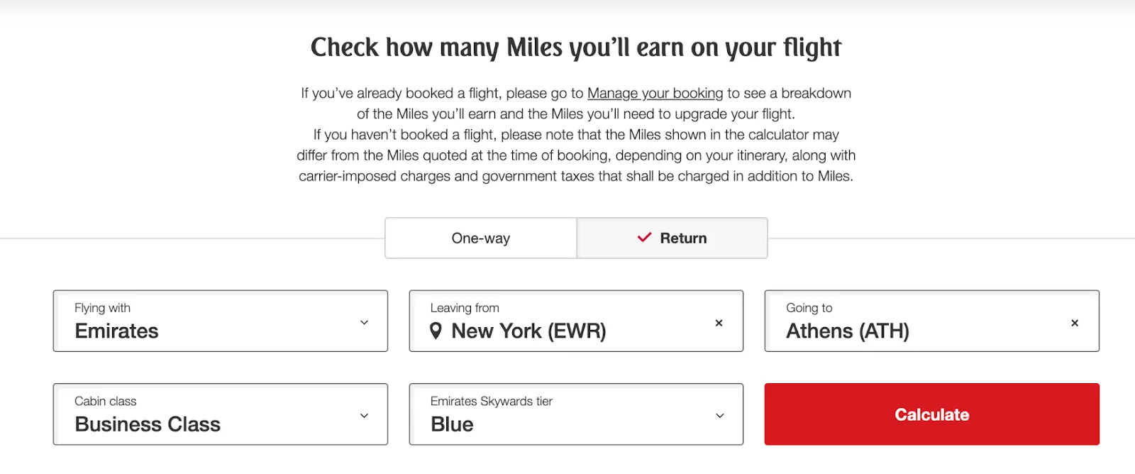 Screenshot of the Emirates Skywards mileage calculator form set for a New York to Athens business class round trip