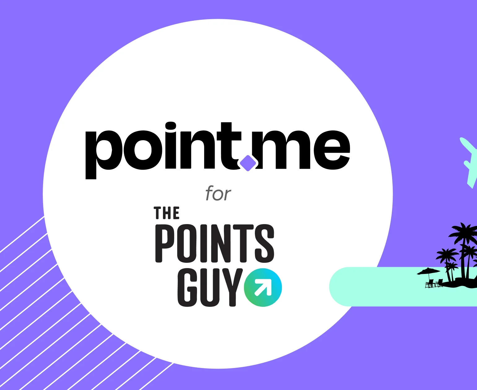 point.me and The Points Guy partnership announcement graphic with a purple background and tropical beach icon