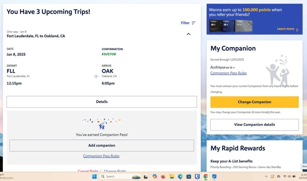 Screenshot of a Southwest Rapid Rewards account page showing an upcoming trip and a Companion Pass panel with an added companion