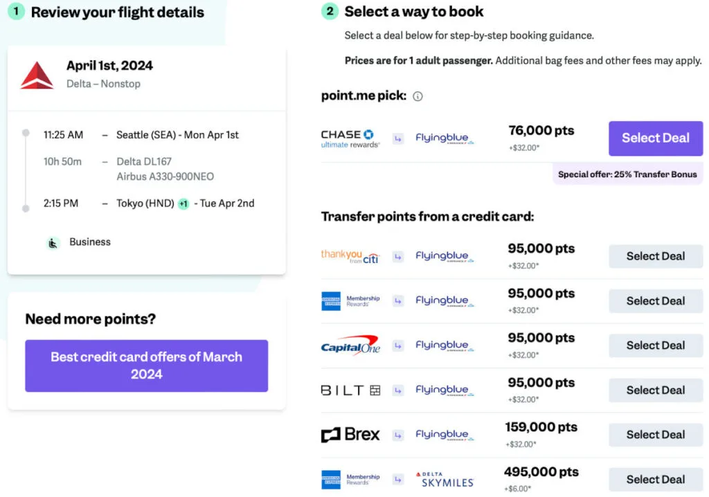 Screenshot of a point.me booking guide comparing credit card transfer options for a Seattle to Tokyo Delta business class flight