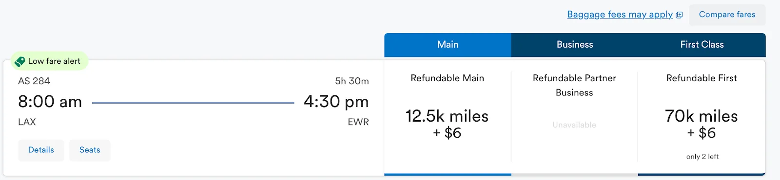 Screenshot of an Alaska Airlines award search showing a Los Angeles to Newark flight priced at 12,500 miles in Main cabin or 70,000 miles in First Class