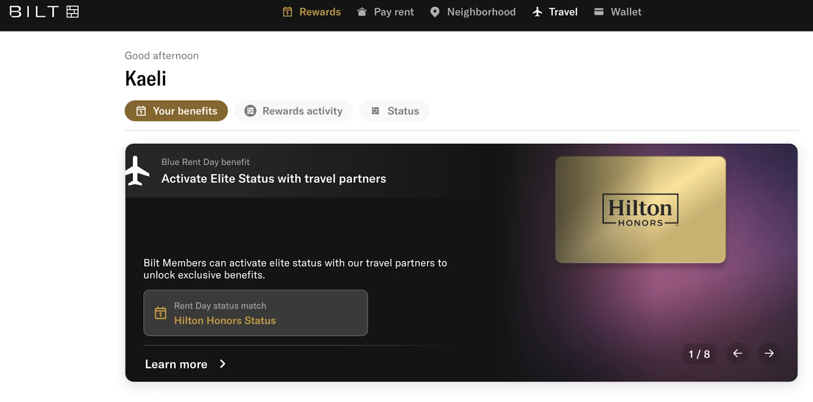 Screenshot of the Bilt Rewards dashboard showing a Hilton Honors elite status match benefit for Blue Rent Day.