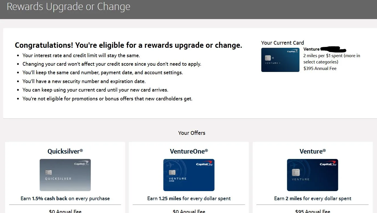 Screenshot of a Capital One website page offering a rewards upgrade or change from Venture to cards like Quicksilver and VentureOne.