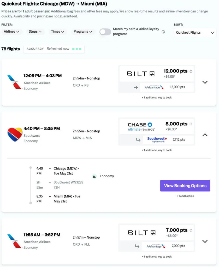 Screenshot of point.me step-by-step instructions for booking a Chicago to Miami Southwest Airlines flight using 8,000 Chase Ultimate Rewards points transferred to Rapid Rewards