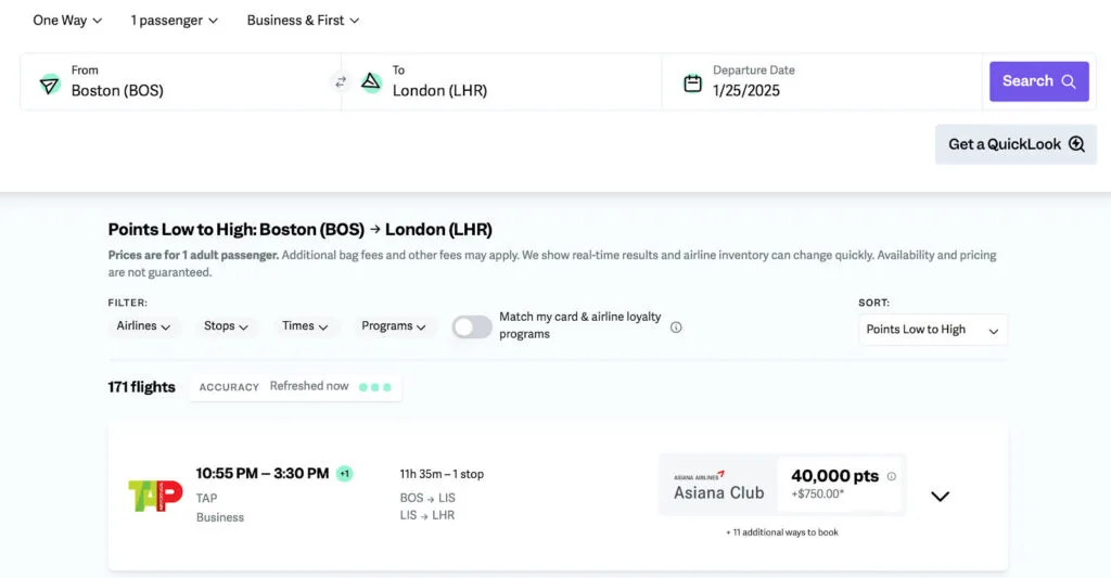 Screenshot of a point.me search for business class flights from Boston to London, showing a TAP Air Portugal option for 40,000 Asiana Club points.