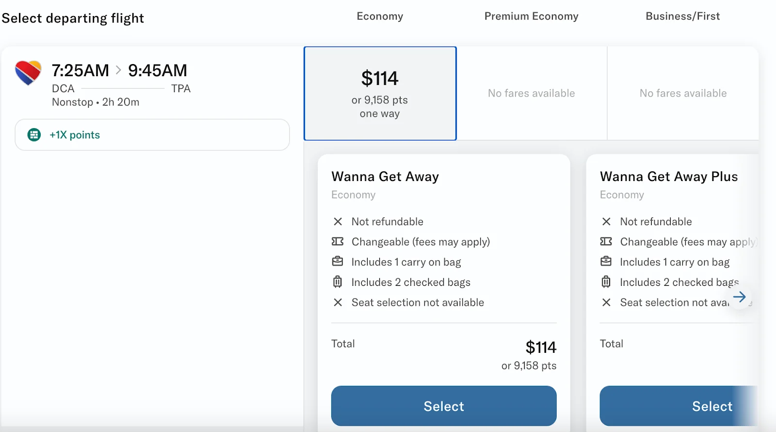 Screenshot of Bilt travel portal fare details comparing Wanna Get Away and Wanna Get Away Plus fares for a Washington to Tampa Southwest flight