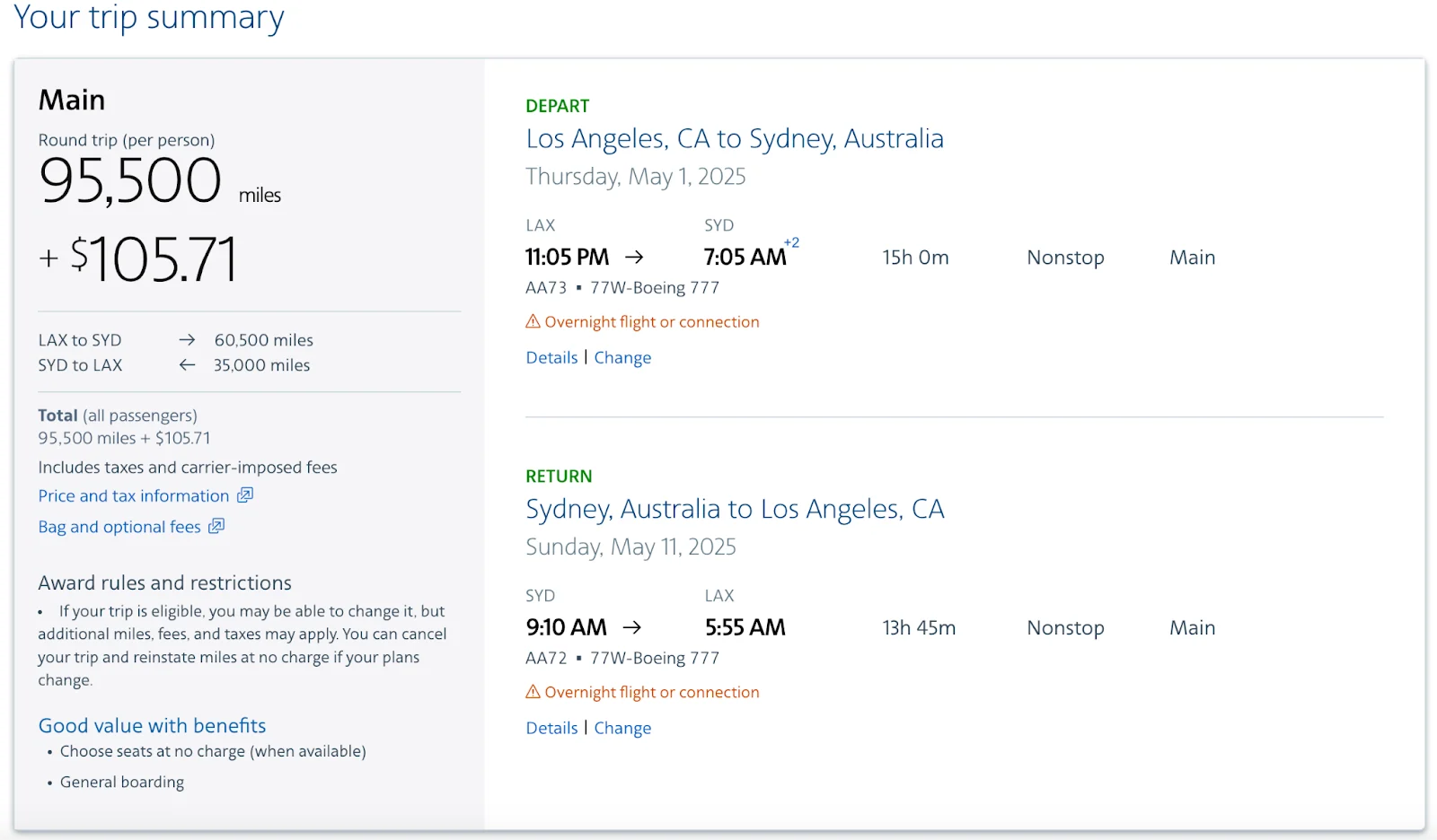 Screenshot of an American Airlines trip summary showing a Los Angeles to Sydney round-trip for 95,500 miles plus $105.71 in taxes and fees