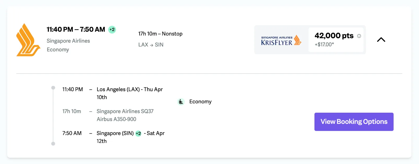 Screenshot of a point.me search result for a nonstop Singapore Airlines economy flight from Los Angeles to Singapore for 42,000 KrisFlyer points.
