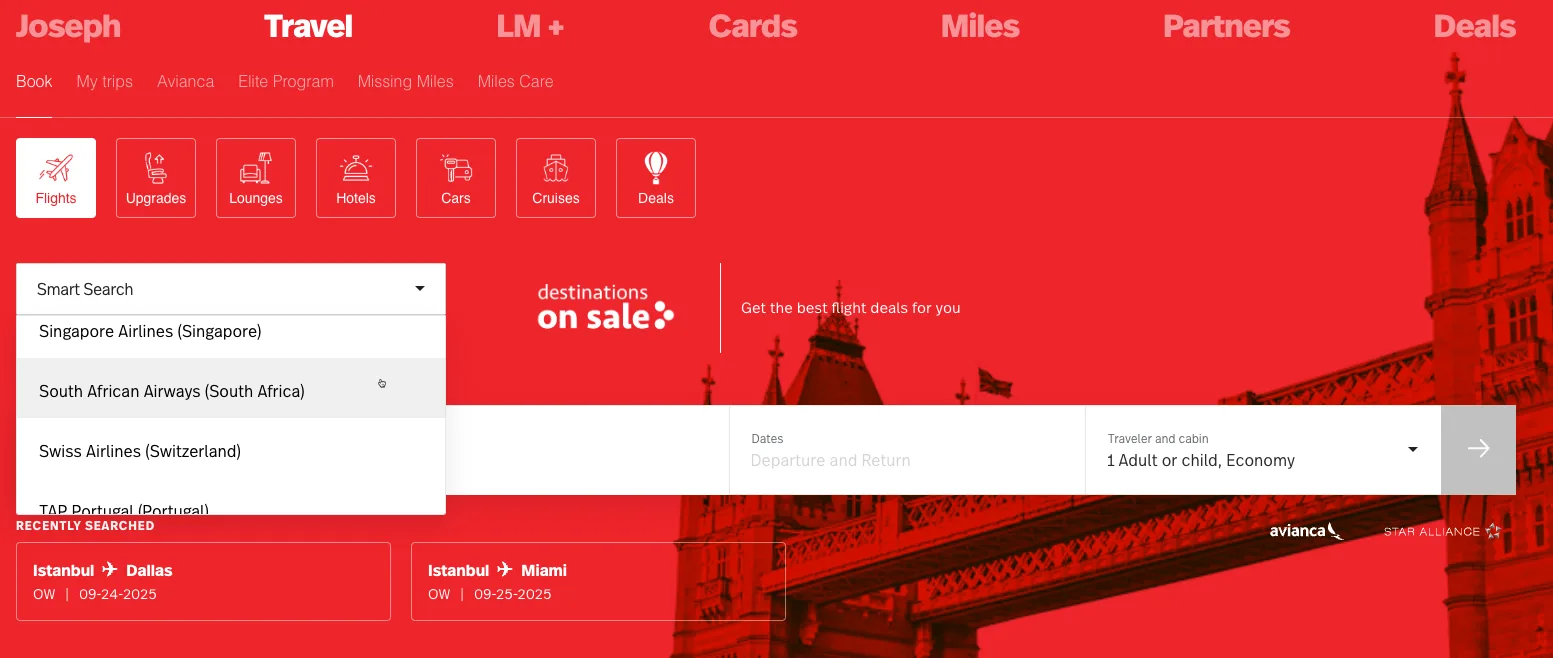 Screenshot of the Avianca website homepage with a flight search tool over a red-toned photo of London's Tower Bridge