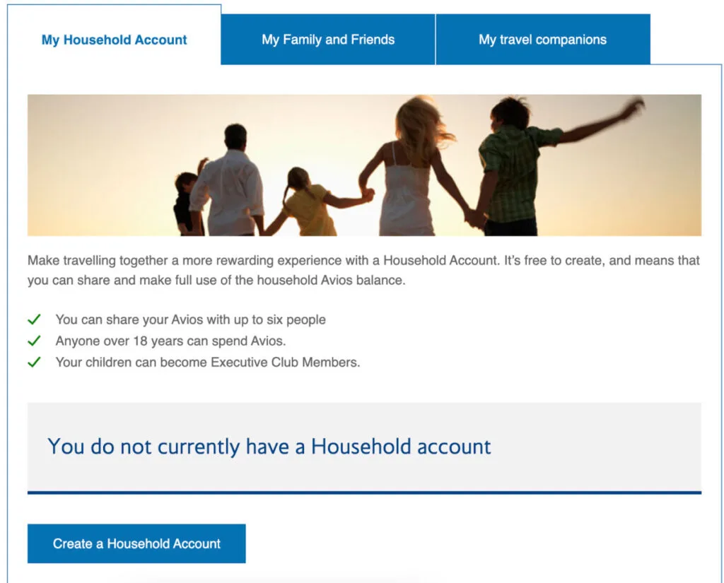 Screenshot of the British Airways Executive Club Household Account page, featuring a photo of a family holding hands at sunset.