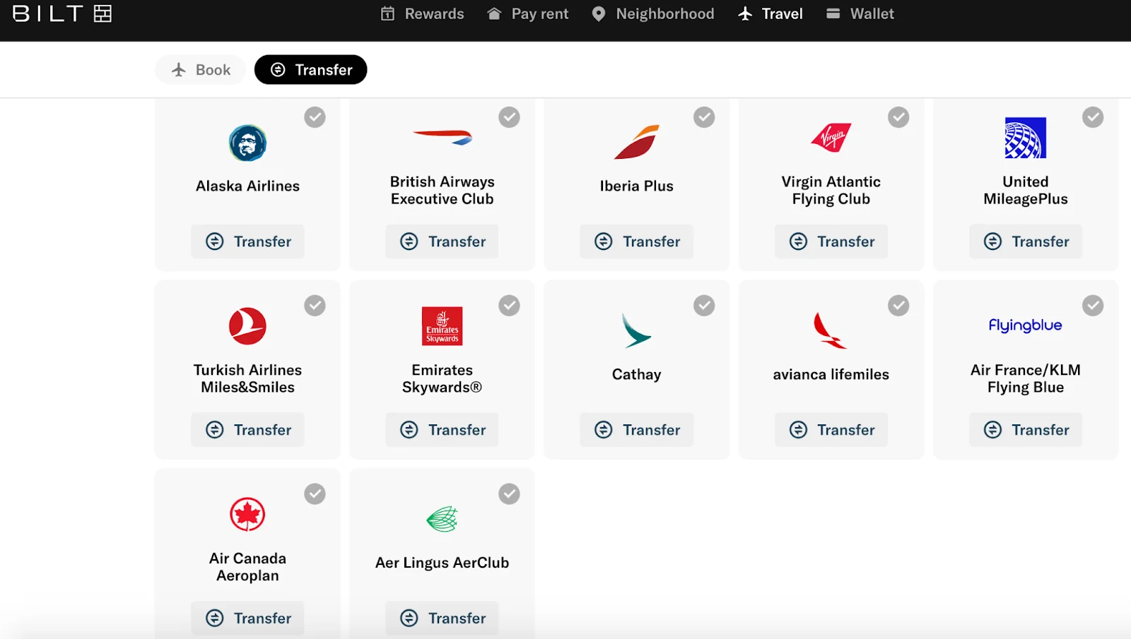 Screenshot of the Bilt Rewards transfer partner page, listing airline programs like Alaska, British Airways, Emirates, and Air France/KLM Flying Blue.