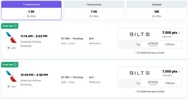 American Airlines microcation deals screenshot for under 10K points