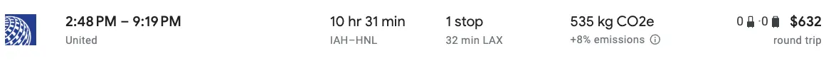 Screenshot of a Google Flights search showing a one-stop United Airlines round trip from Houston to Honolulu for $632.