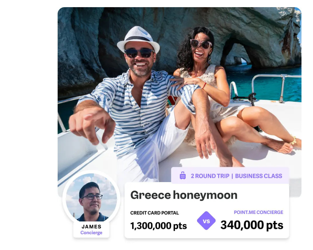 A promotional image for Point.me travel services featuring a couple enjoying a boat trip in Greece. A man in a white hat and blue striped shirt sits next to a woman in a white dress on the deck of a boat. They're smiling broadly with stunning blue Mediterranean waters and coastal rock formations in the background. Below the photo is a travel booking caption labeled 'Greece honeymoon' showing pricing comparison: '2 ROUND TRIP | BUSINESS CLASS' with '1,300,000 pts' through 'CREDIT CARD PORTAL' versus '340,000 pts' through 'POINT.ME CONCIERGE', highlighting significant savings. A circular profile photo of 'JAMES Concierge' appears in the bottom left corner.