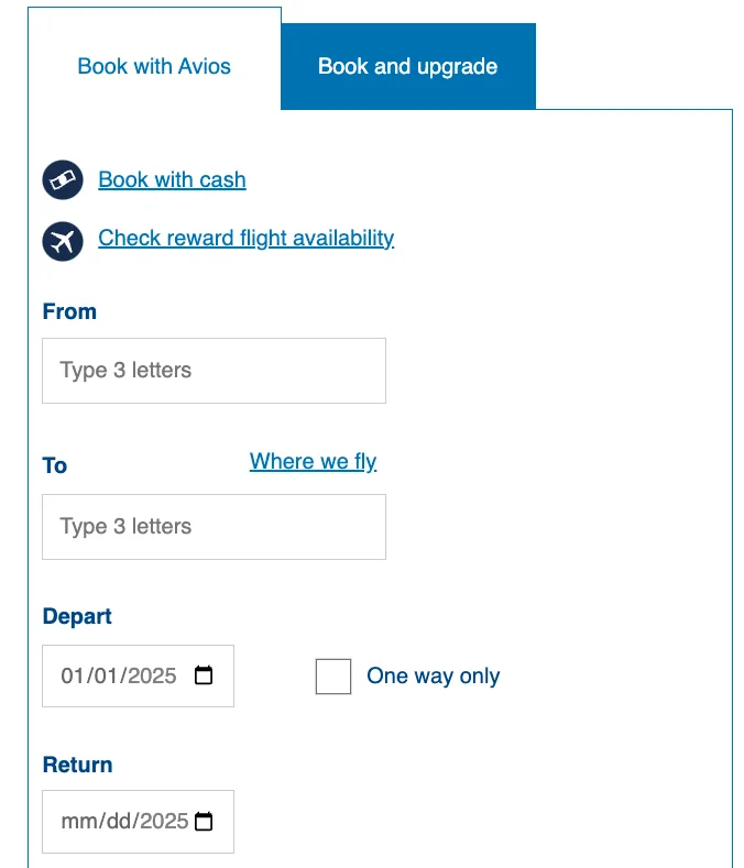 Screenshot of the British Airways Avios booking form with fields for origin, destination, and travel dates