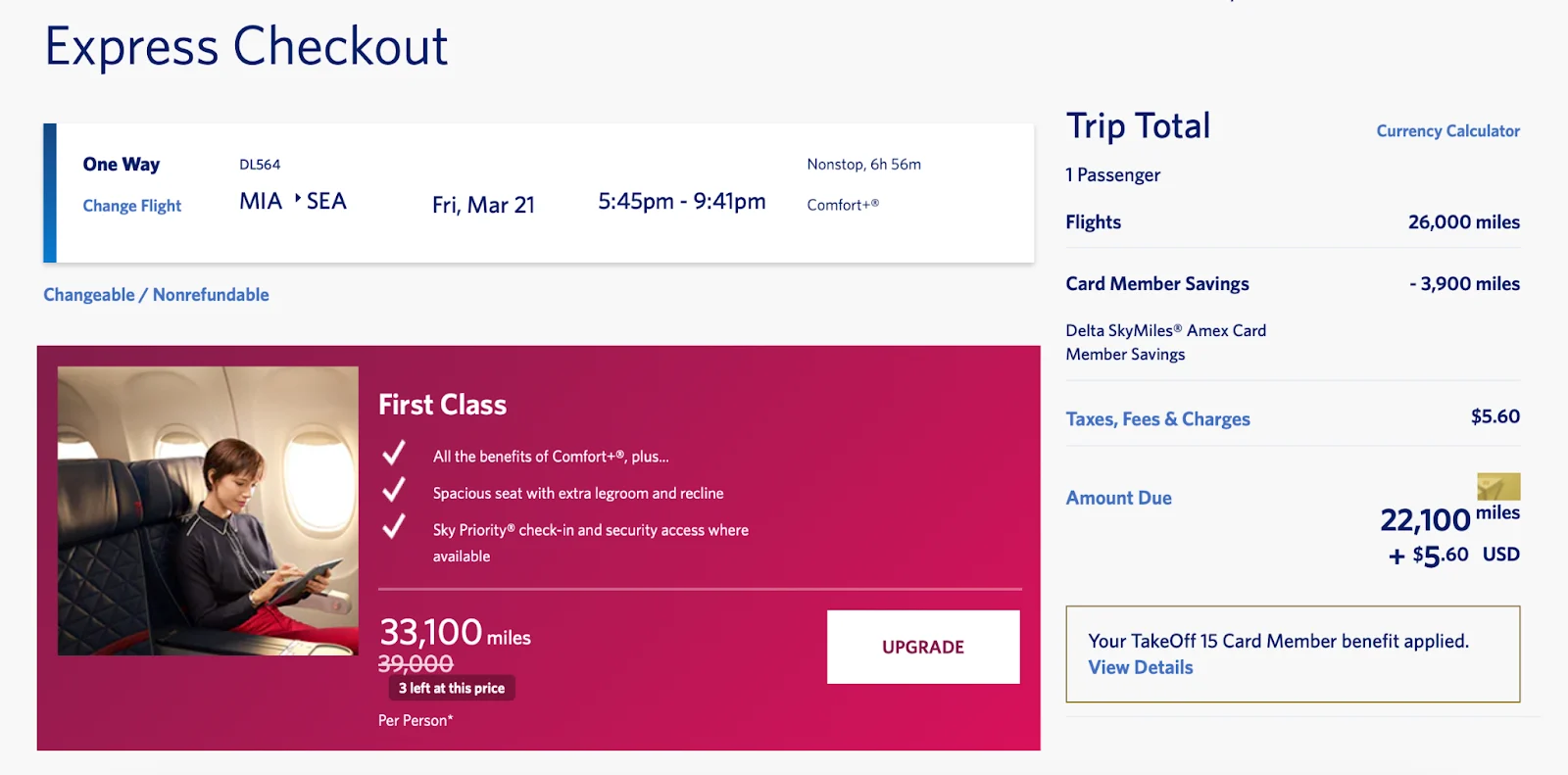 Screenshot of a Delta Express Checkout page for a Miami to Seattle flight, with a First Class upgrade offer for 33,100 miles.